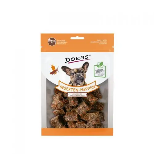 Markenware Dokas Dog Snack Insekten-Happen Mehlwürmer, Grillen, Karotte 100 g