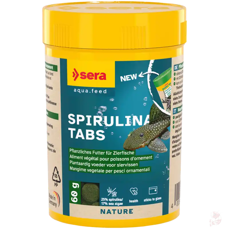 sera Spirulina Tabs, 60 g | Pflanzliches Haftfutter Vorrat Sera Spirulina Tabs Nature. 24 Tabs (16 g) Markenprodukt