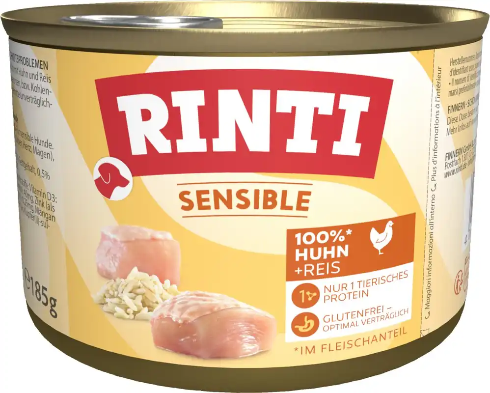 Sonderaktion Sparpaket 24 x 185 g Rinti Sensible 100% Huhn + Reis Hunde Nassfutter