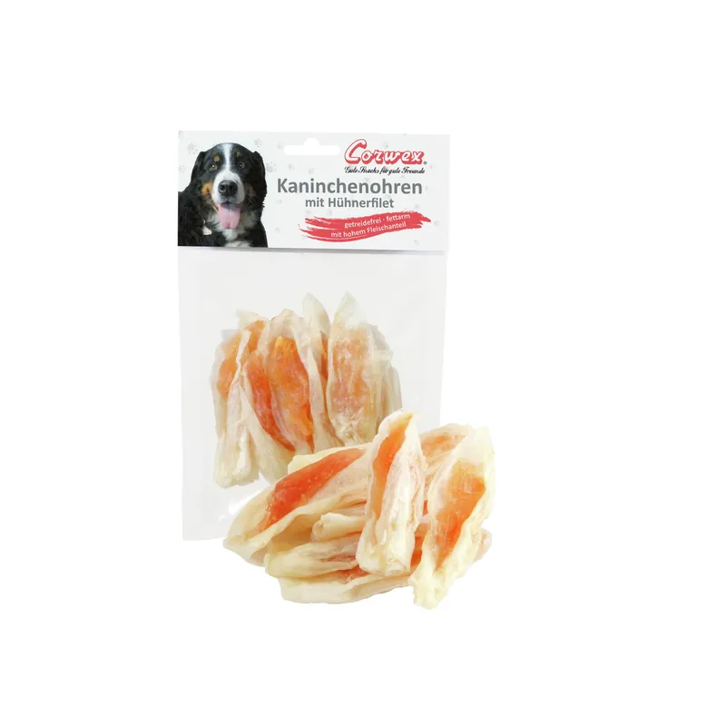 Sparpaket 2 x 70 g Corwex Kaninchenohren mit Hühnerfilet Hunde Snack Schneller Versand