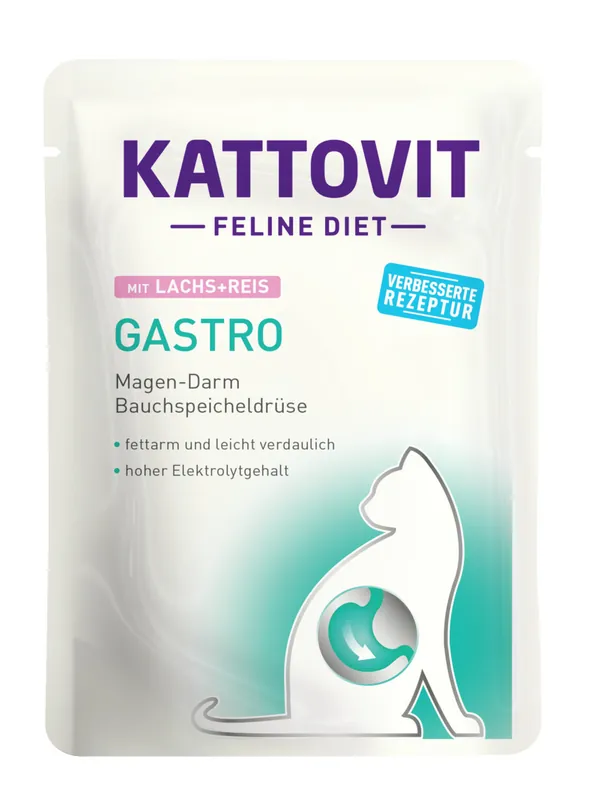 Schneller Versand Sparpaket 24 x 85 g Kattovit Gastro mit Lachs & Reis Katzen Nassfutter