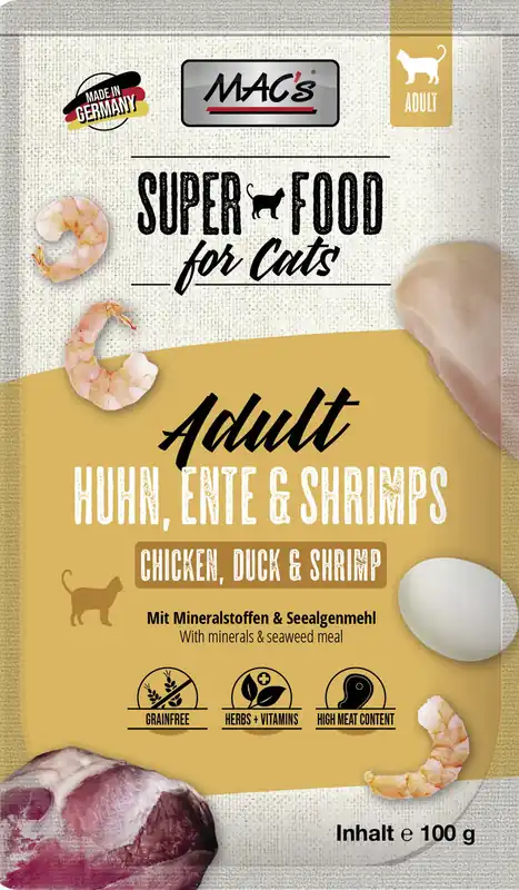 Sparpaket 12 x 100 g Mac's Adult Huhn, Ente & Shrimps Katzen Nassfutter Nur Für Kurze Zeit