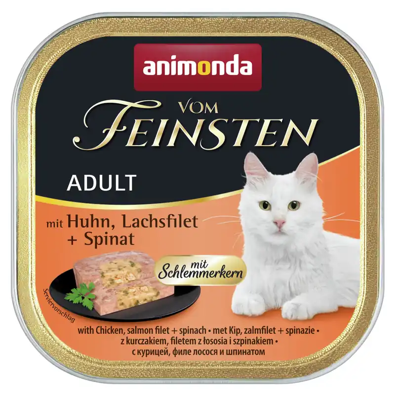 Sparpaket 8 x 100 g Animonda vom Feinsten Adult mit Huhn, Lachsfilet + Spinat mit Schlemmerkern Katzen Nassfutter Ausverkauf
