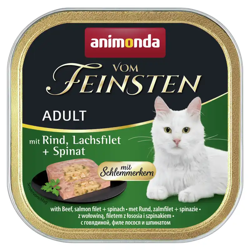 Highlight Sparpaket 32 x 100 g Animonda vom Feinsten Adult mit Rind, Lachsfilet + Spinat mit Schlemmerkern Katzen Nassfutter