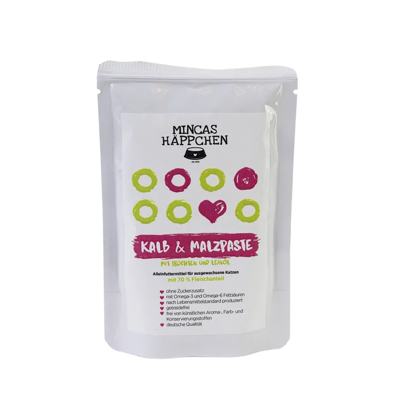 Rabatt Sparpaket 24 x 95 g Mincas Häppchen Kalb & Malzpaste mit Früchten und Leinöl Katzen Nassfutter