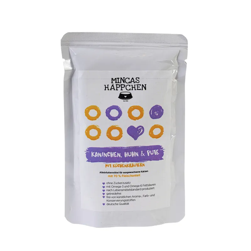 Angebot Sparpaket 12 x 95 g Mincas Häppchen Kaninchen, Huhn & Pute mit Küchenkräutern Katzen Nassfutter