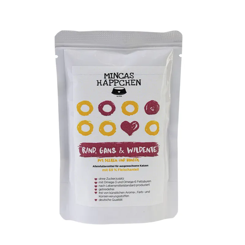 Neuheit Sparpaket 12 x 95 g Mincas Häppchen Rind, Gans & Wildente Katzen Nassfutter