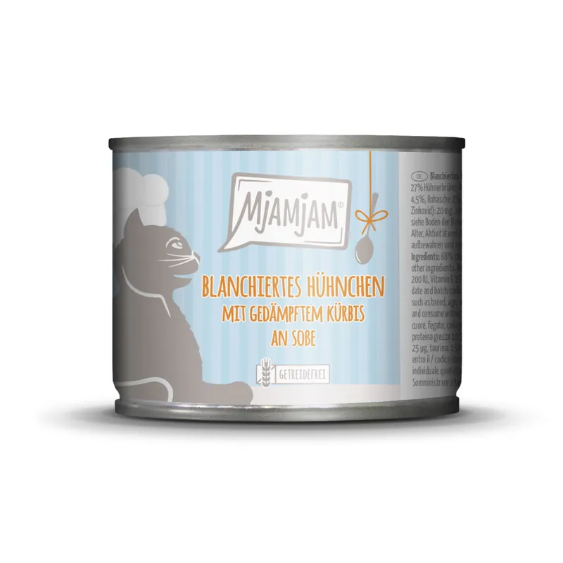 Sparpaket 24 x 185 g Mjamjam blanchiertes Hühnchen mit gedämpftem Kürbis an Soße Katzen Nassfutter Neue Ware