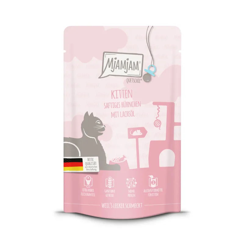 Sparpaket 24 x 125 g Mjamjam Quetschie Kitten Saftiges Hühnchen mit Lachsöl Katzen Nassfutter Markenprodukt