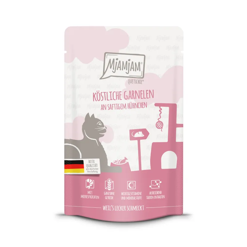 Sparpaket 24 x 125 g Mjamjam Quetschie Köstliche Garnelen an saftigem Hühnchen Katzen Nassfutter Super-Preis