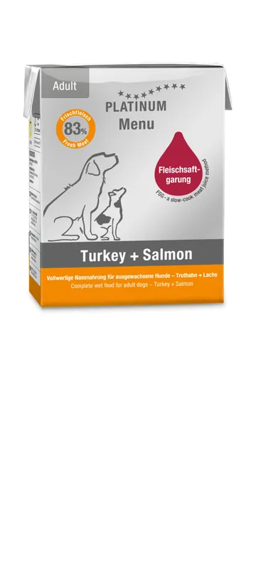 Sparpaket 24 x 375 g Platinum Menü Adult Turkey + Salmon Hunde Nassfutter Letzte Chance