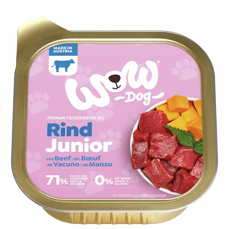 Sparpaket 22 x 150 g Wow Junior Rind mit Kürbis + Brennnessel Hunde Nassfutter Sonderangebot