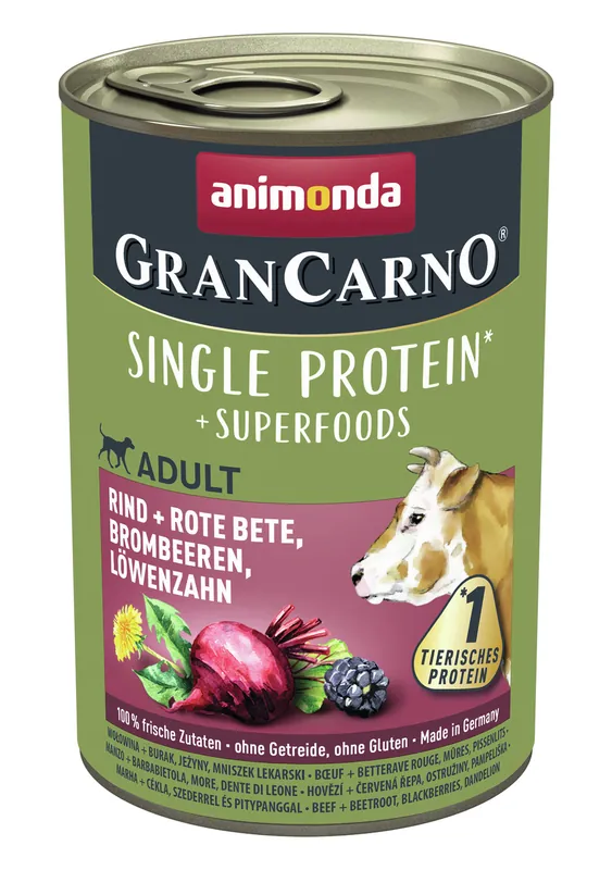 Schnäppchen Sparpaket 6 x 400 g Animonda GranCarno Single Protein Superfoods Adult Rind + Rote Bete, Brombeeren, Löwenzahn Hunde Nassfutter