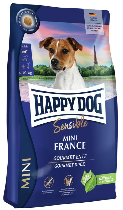 Sparpaket 2 x 800 g Happy Dog Adult Sensible Mini France Gourmet-Ente Hunde Trockenfutter Zertifiziert