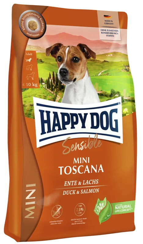 Sparpaket 2 x 4 kg Happy Dog Adult Sensible Mini Toscana Ente & Lachs Hunde Trockenfutter Knallerangebot