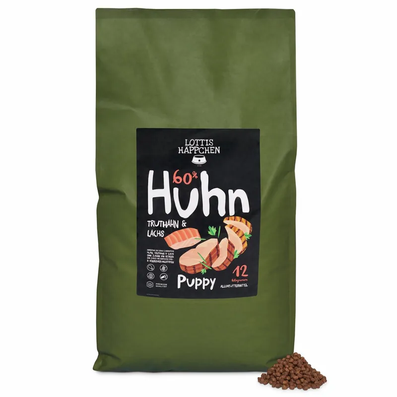 Geprüft Sparpaket 2 x 12 kg Lottis Häppchen 60 % Huhn, Truthahn & Lachs Puppy Hunde Trockenfutter