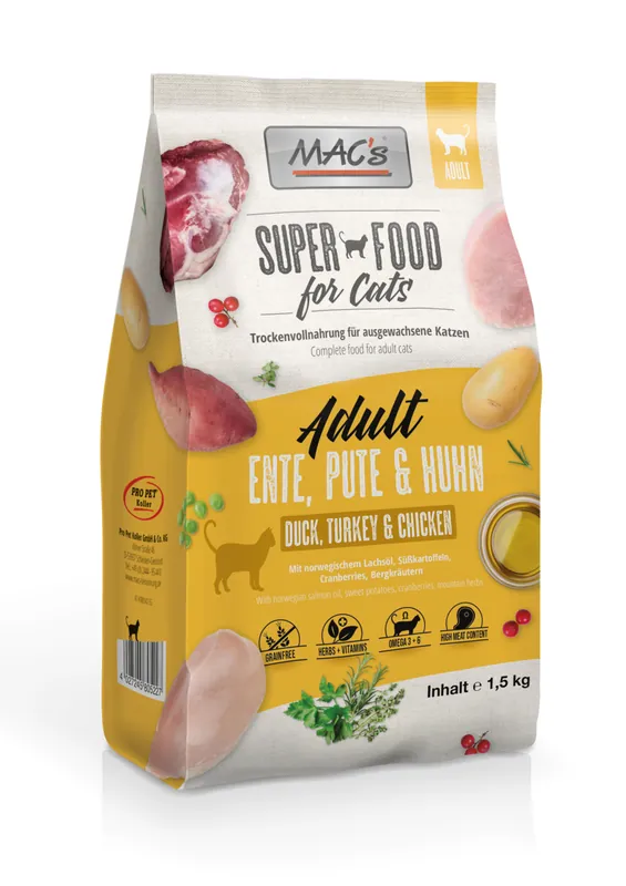 Sparpaket 2 x 1,5 kg Mac's Ente, Pute & Huhn Adult Katzen Trockenfutter Nur Heute