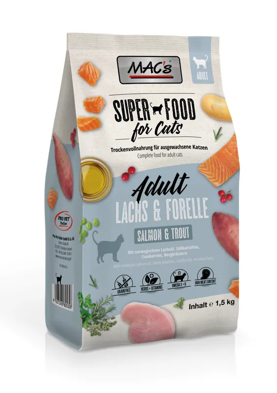 Neu Im Sortiment Sparpaket 2 x 1,5 kg Mac's Lachs & Forelle Adult Katzen Trockenfutter