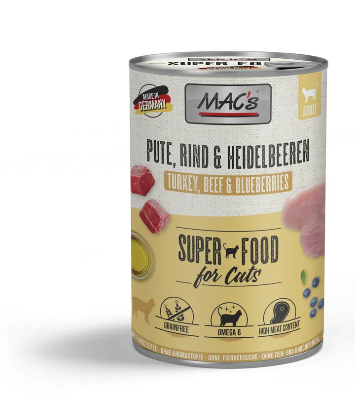 Begrenztes Angebot Sparpaket 24 x 400 g Mac's Pute & Heidelbeeren Adult Katzen Nassfutter