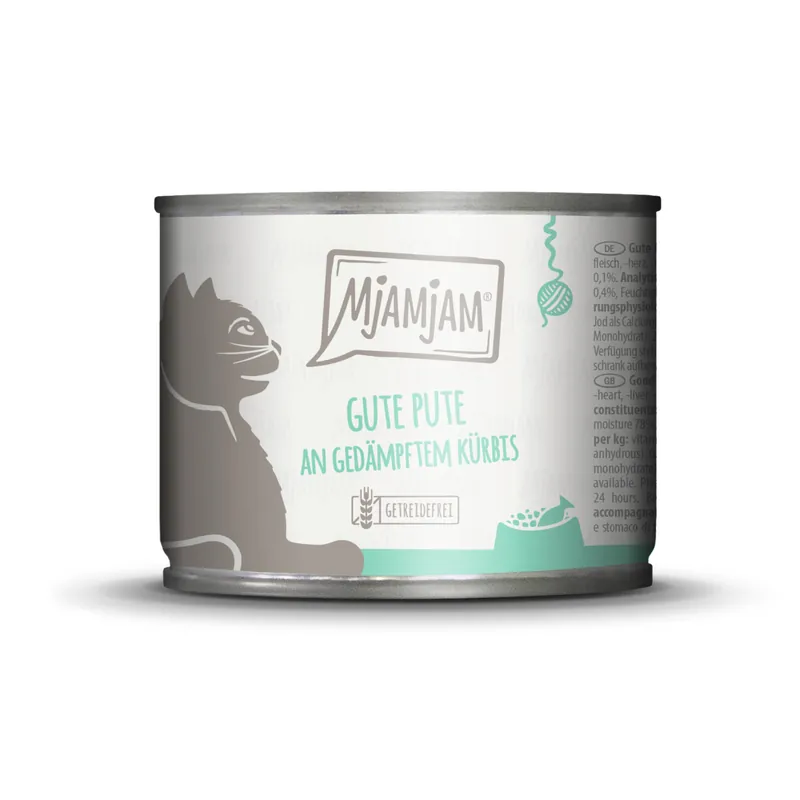 Sparpaket 6 x 200 g Mjamjam Gute Pute an gedämpftem Kürbis mit Katzenminze Katzen Nassfutter Preisknaller