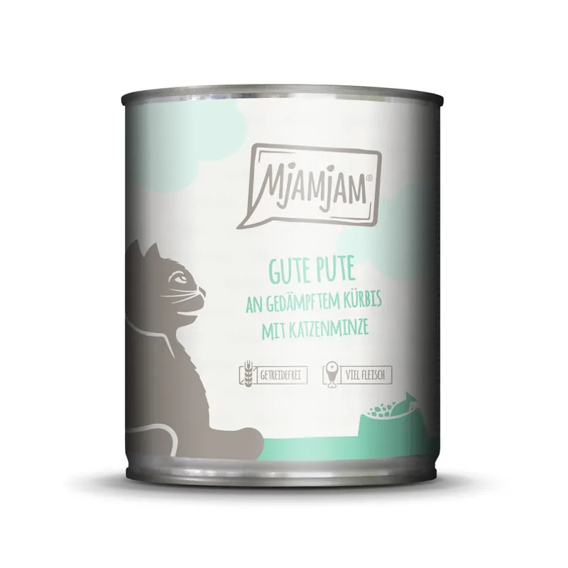 Sale Sparpaket 24 x 800 g Mjamjam Gute Pute an gedämpftem Kürbis mit Katzenminze Katzen Nassfutter