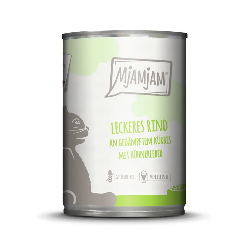 Sparpaket 24 x 400 g Mjamjam Leckeres Rind an gedämpftem Kürbis mit Hühnerleber Katzen Nassfutter Super-Preis
