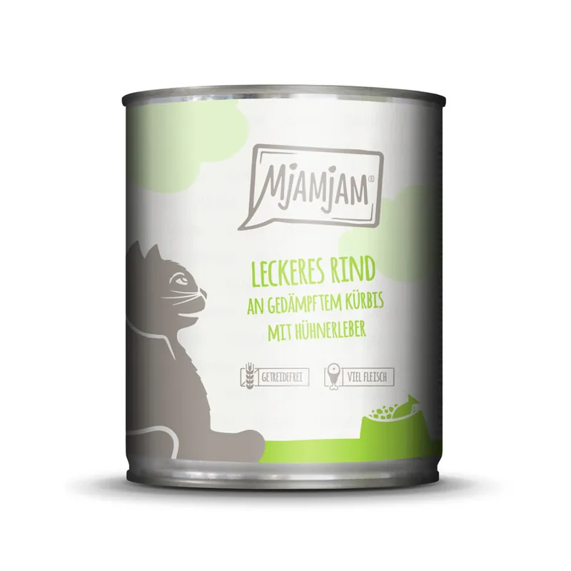 Neue Kollektion Sparpaket 24 x 800 g Mjamjam Leckeres Rind an gedämpftem Kürbis mit Hühnerleber Katzen Nassfutter