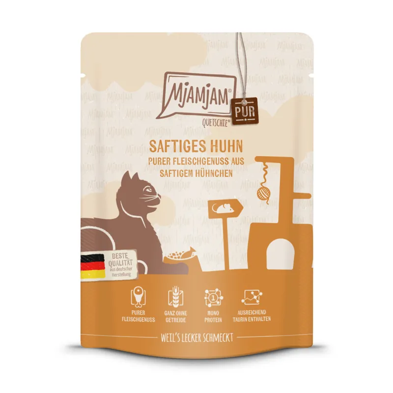 Heißes Angebot Sparpaket 6 x 300 g Mjamjam Quetschie Saftiges Huhn purer Fleischgenuss aus saftigem Hühnchen Katzen Nassfutter