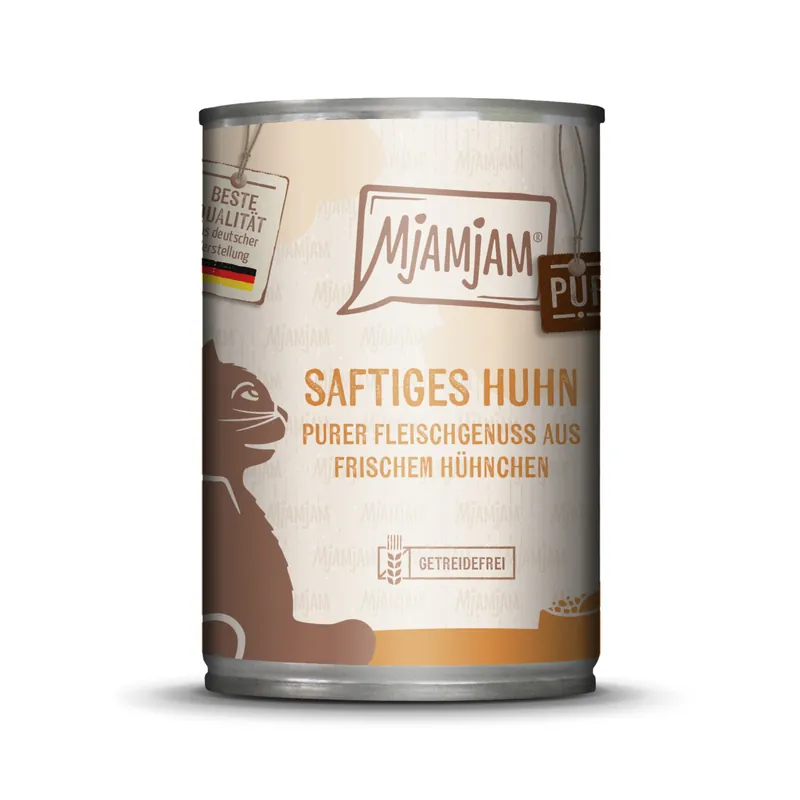Direktkauf Sparpaket 24 x 400 g Mjamjam Saftiges Huhn purer Fleischgenuss aus frischem Hühnchen Katzen Nassfutter