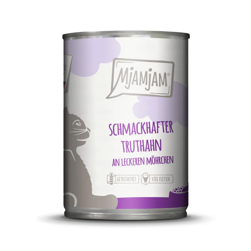 Sparpaket 24 x 400 g Mjamjam Schmackhafter Truthahn an leckeren Möhrchen Katzen Nassfutter Ausverkauf