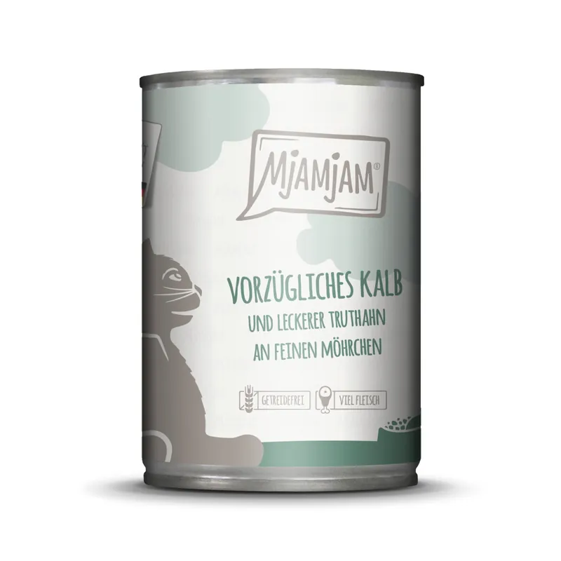 Sale Sparpaket 24 x 400 g Mjamjam Vorzügliches Kalb und leckerer Truthahn an feinen Möhrchen Katzen Nassfutter
