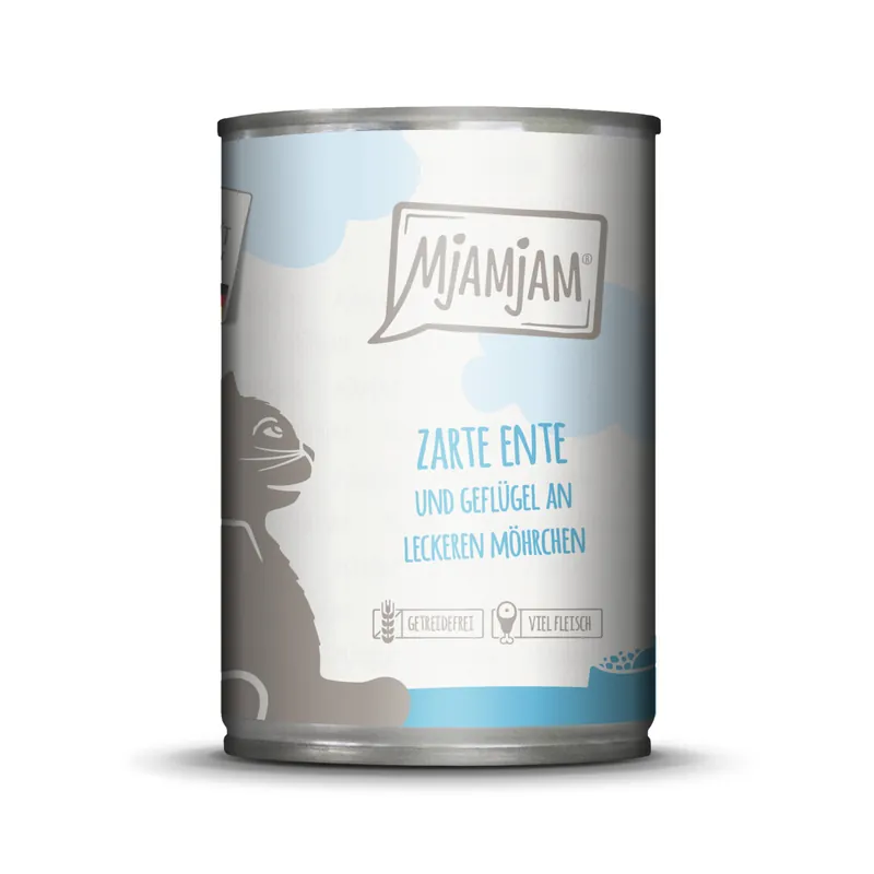 Ausverkauf Sparpaket 24 x 400 g Mjamjam Zarte Ente und Geflügel an Möhrchen Katzen Nassfutter