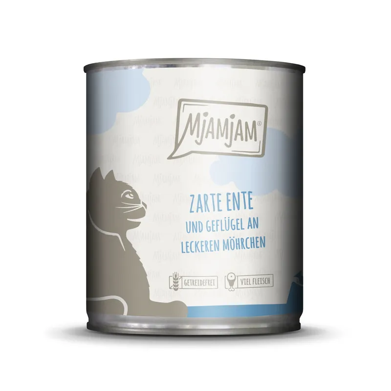 Sparpaket 6 x 800 g Mjamjam Zarte Ente und Geflügel an Möhrchen Katzen Nassfutter Beliebt