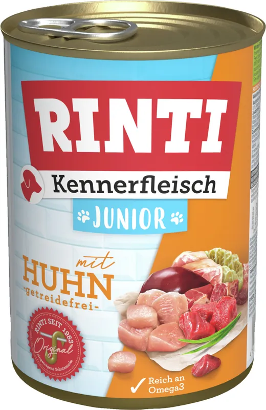 Sparpaket 6 x 400 g Rinti Kennerfleisch Junior mit Huhn Hunde Nassfutter Heißes Angebot