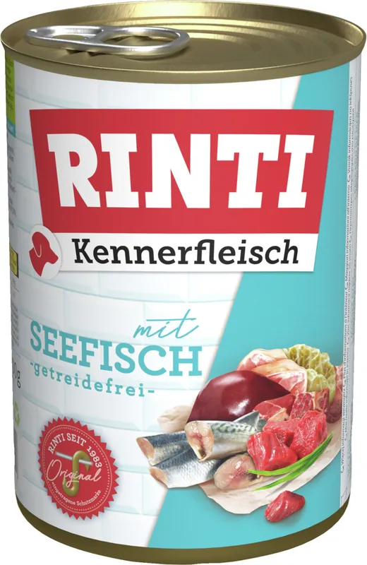 Direktkauf Sparpaket 24 x 400 g Rinti Kennerfleisch mit Seefisch Hunde Nassfutter