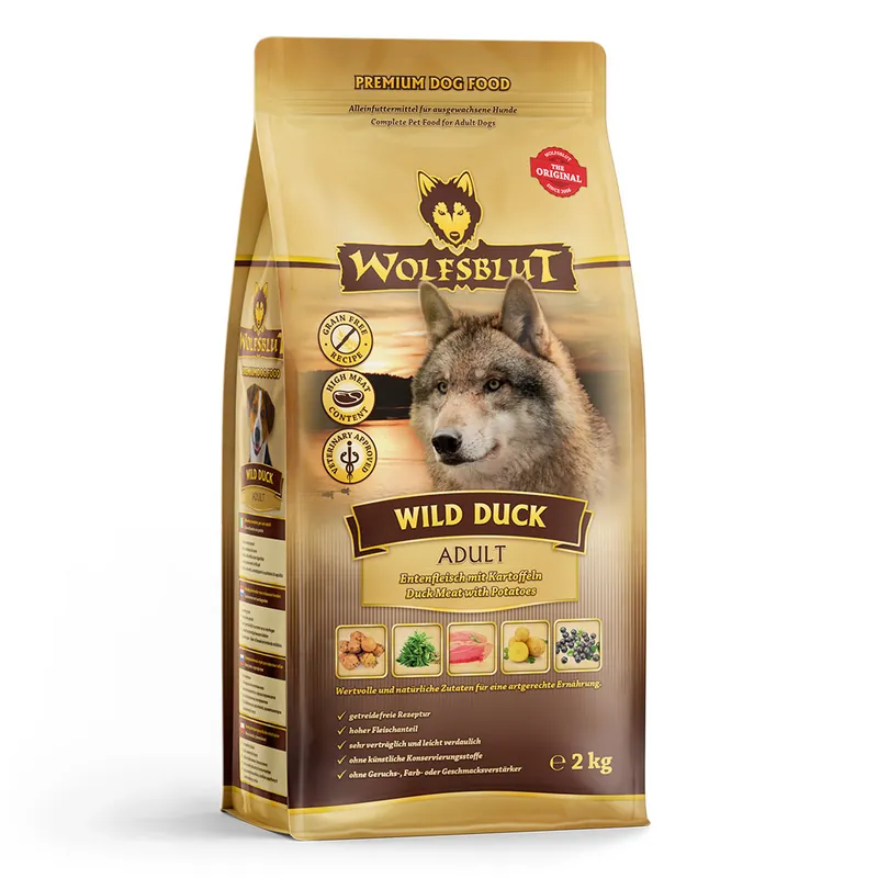 Sparpaket 2 x 2 kg Wolfsblut Wild Duck Adult Entenfleisch mit Kartoffeln Hunde Trockenfutter Nur Für Kurze Zeit