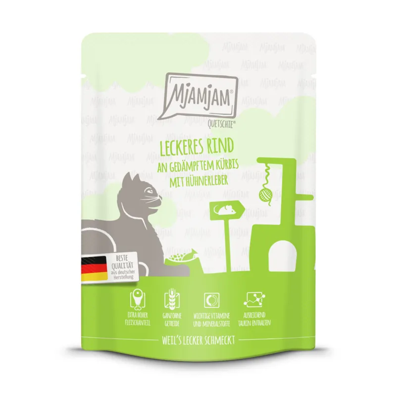 Abverkauf MJAMJAM Pouchbeutel Rind mit Kürbis & Hühnerleber 300 g