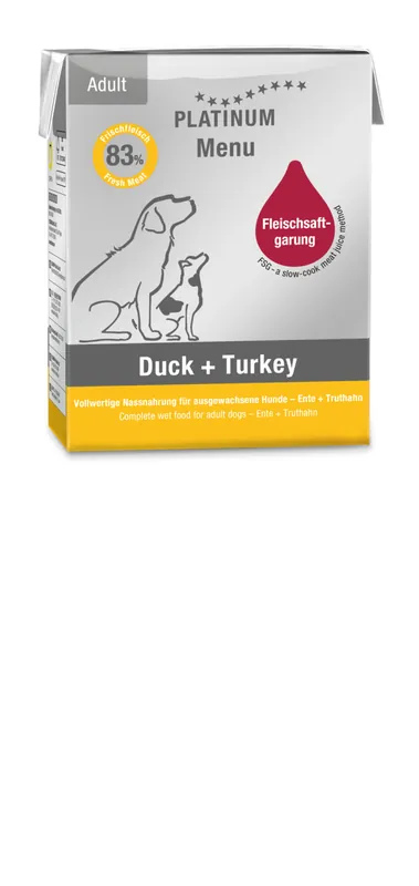 Preiswert Sparpaket 24 x 375 g Platinum Menü Adult Duck + Turkey Hunde Nassfutter