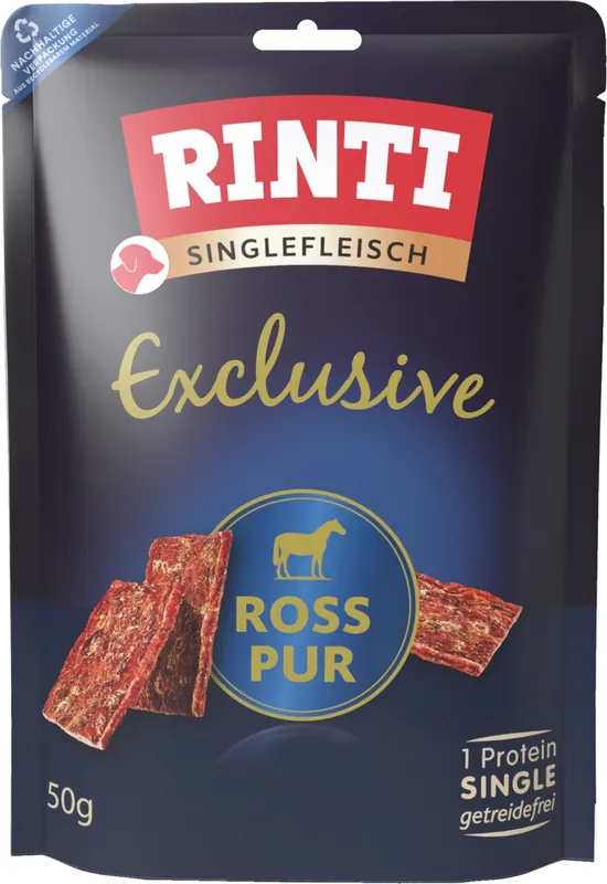 Sparpaket 2 x 50 g Rinti Singlefleisch Exclusive Ross pur Hunde Snack Abverkauf