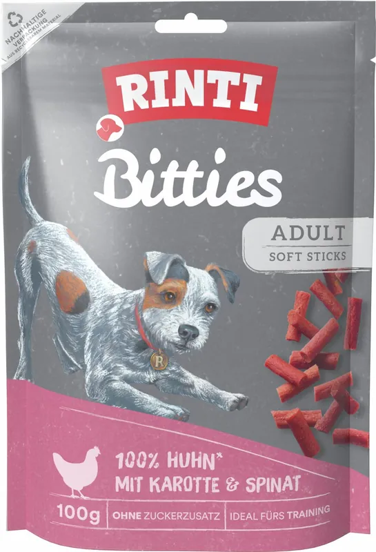 Bestpreis Sparpaket 2 x 100 g Rinti Bitties Weiche Huhnstückchen mit Karotte & Spinat Hunde Snack