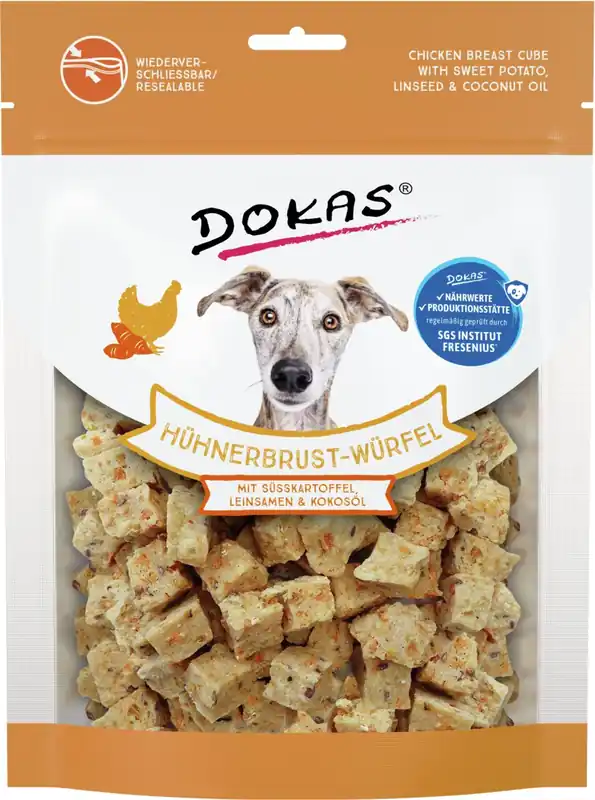 DOKAS Hühnerbrust Würfel mit Süßkartoffel, Leinsamen & Kokosöl 150 g Top-Angebot