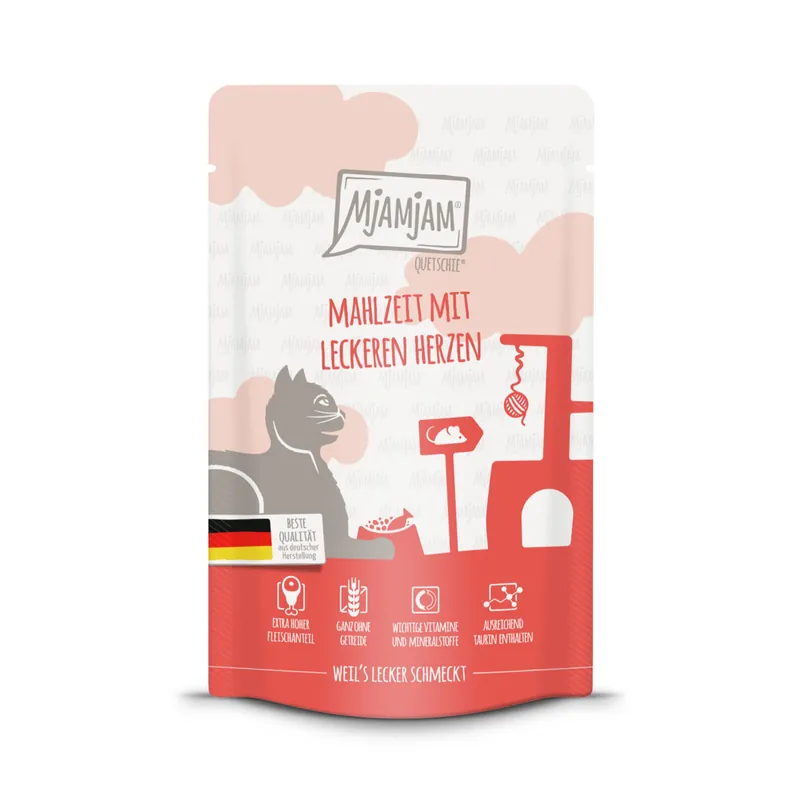 Sonderangebot Sparpaket 12 x 125 g Mjamjam Quetschie Mahlzeit mit leckeren Herzen Katzen Nassfutter