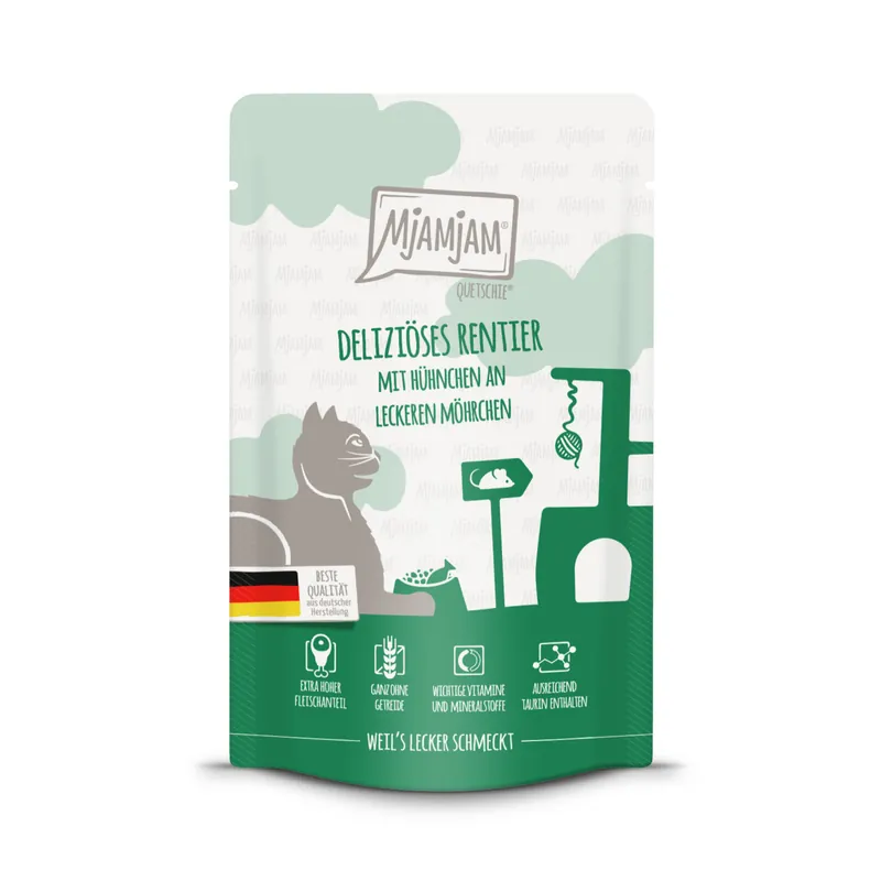 Sparpaket 12 x 125 g Mjamjam Quetschie Deliziöses Rentier mit Hühnchen an leckeren Möhrchen Katzen Nassfutter Schneller Versand