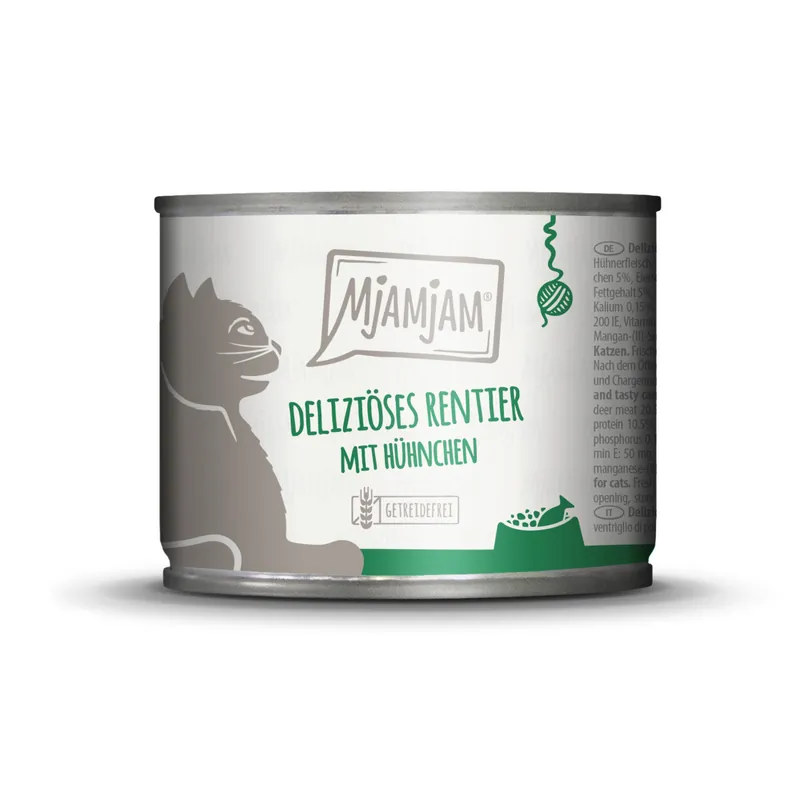 Abverkauf Sparpaket 24 x 200 g Mjamjam Deliziöses Rentier mit Hühnchen an leckeren Möhrchen Katzen Nassfutter
